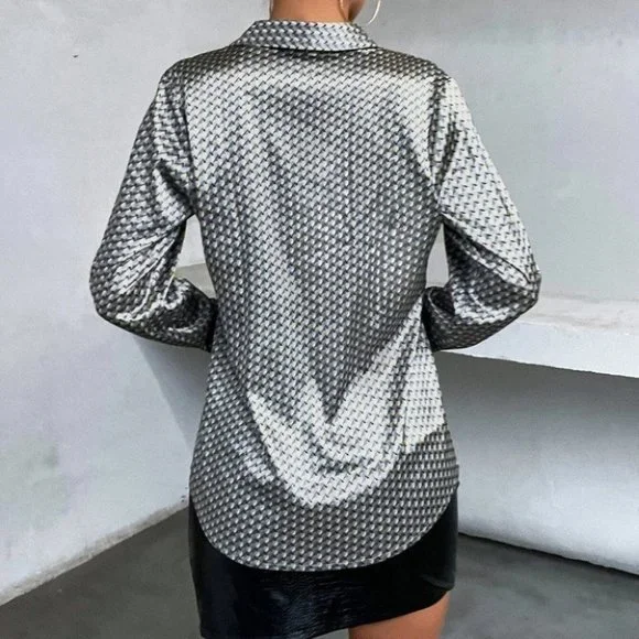 Multicolor Preppy Womens Satin button down Shirt - Picture 3 of 5